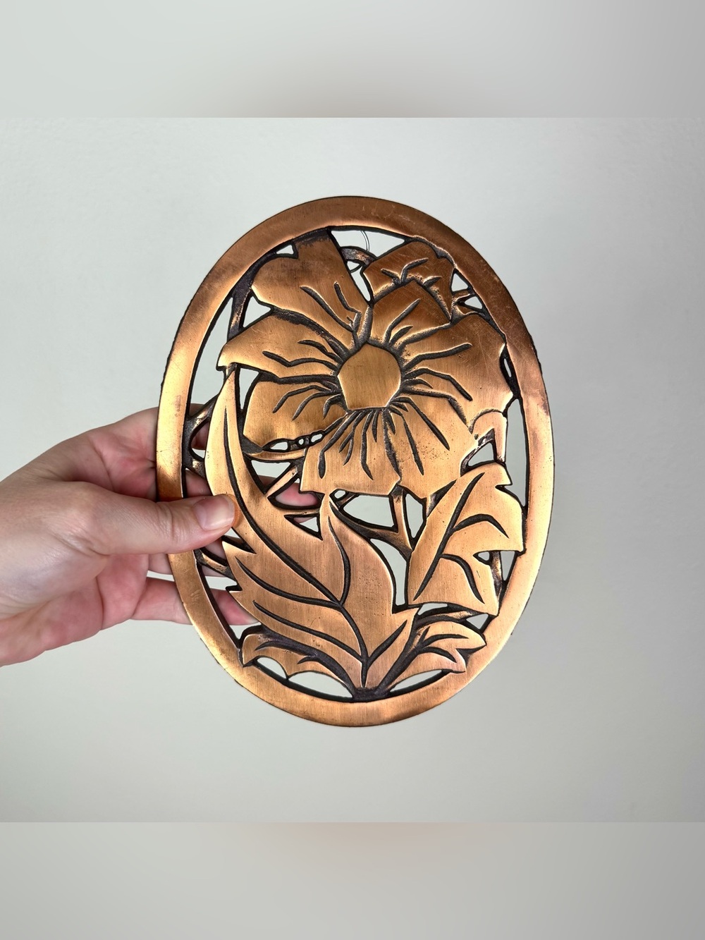 Vintage Floral Cast Iron Trivet Wall Hanging / Copper Finish / Progressive 1982